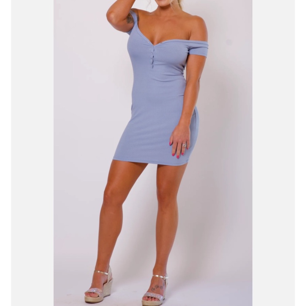 Off Shoulder Cap Sleeve Button Up Dress